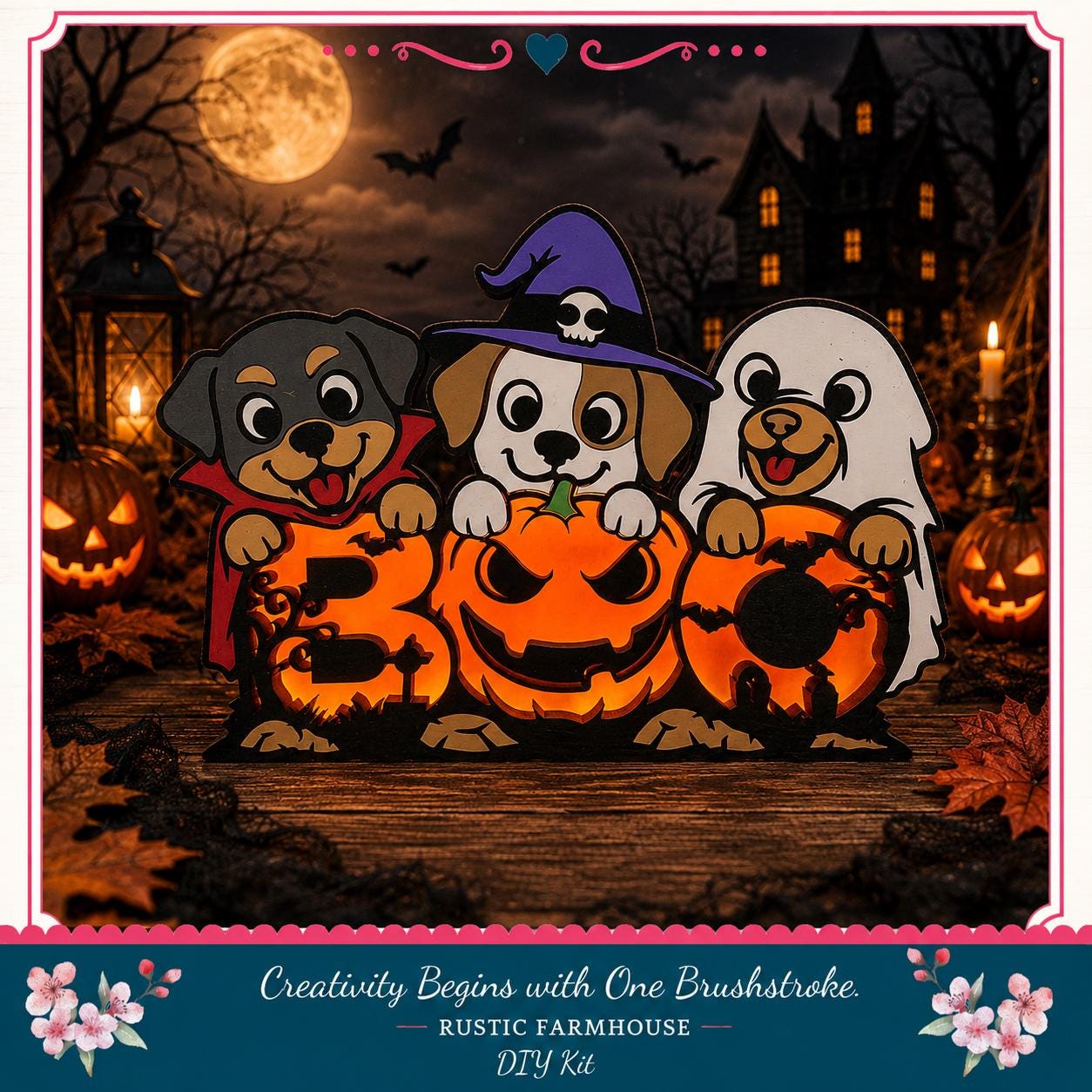 A Halloween-themed illustration featuring three cartoon dogs dressed in costumes, with a full moon and bats in the background, and carved jack-o-lanterns on the ground.