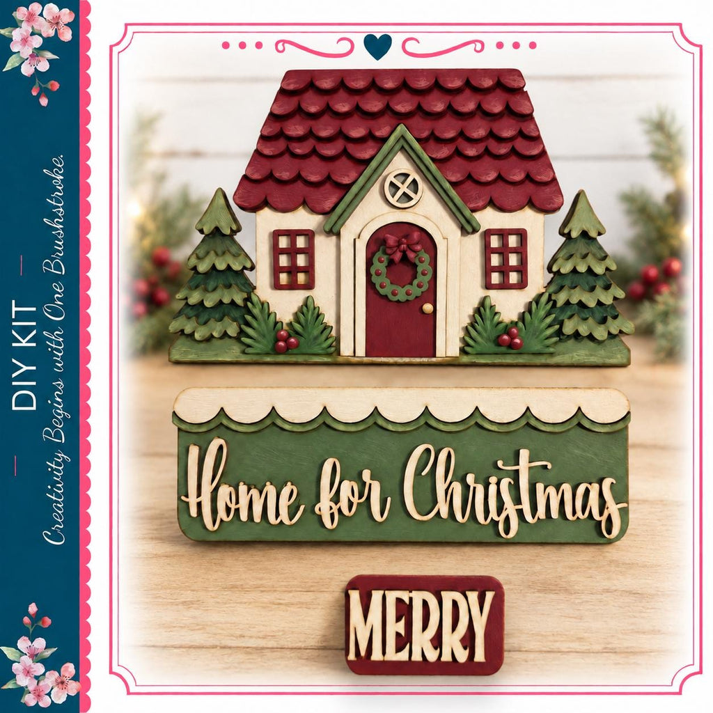 a festive scene with a small wooden house, a wreath, and a sign that says "Home for Christmas" and "MERRY". The background includes trees and other holiday decorations, creating a cozy and cheerful atmosphere.