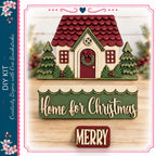 a festive scene with a small wooden house, a wreath, and a sign that says "Home for Christmas" and "MERRY". The background includes trees and other holiday decorations, creating a cozy and cheerful atmosphere.