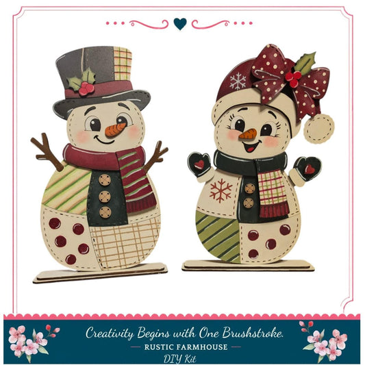 two snowmen, one wearing a top hat and the other wearing a bow, both with colorful outfits and accessories.