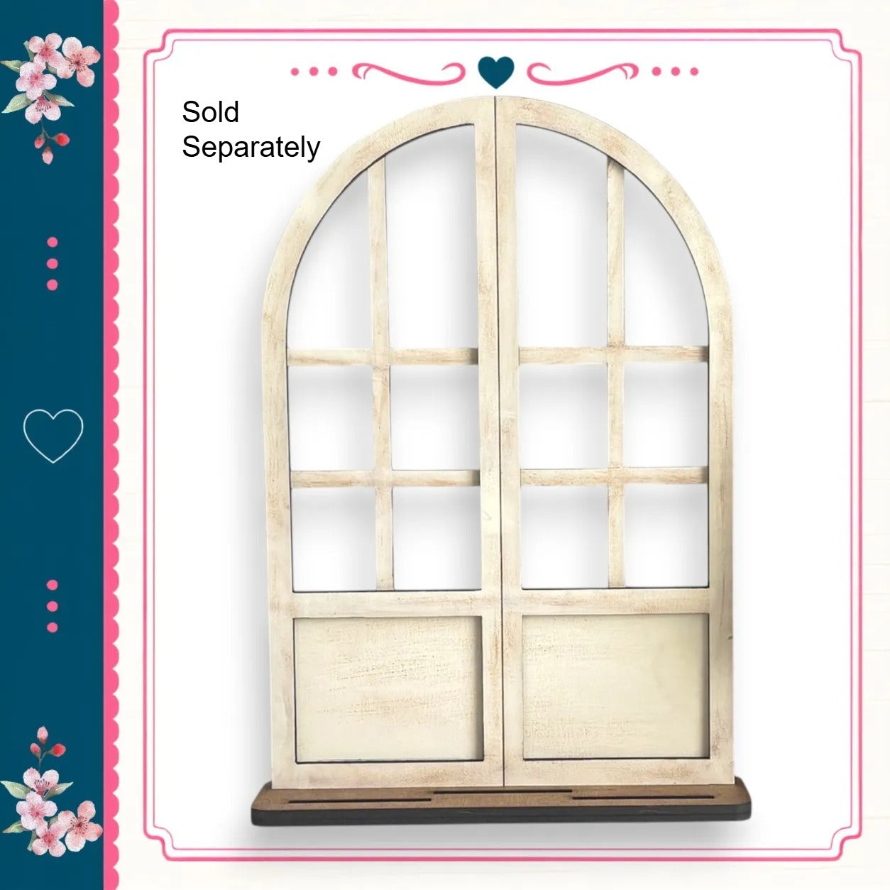 a white wooden archway with a heart symbol above it, set against a white background with a pink and blue border.