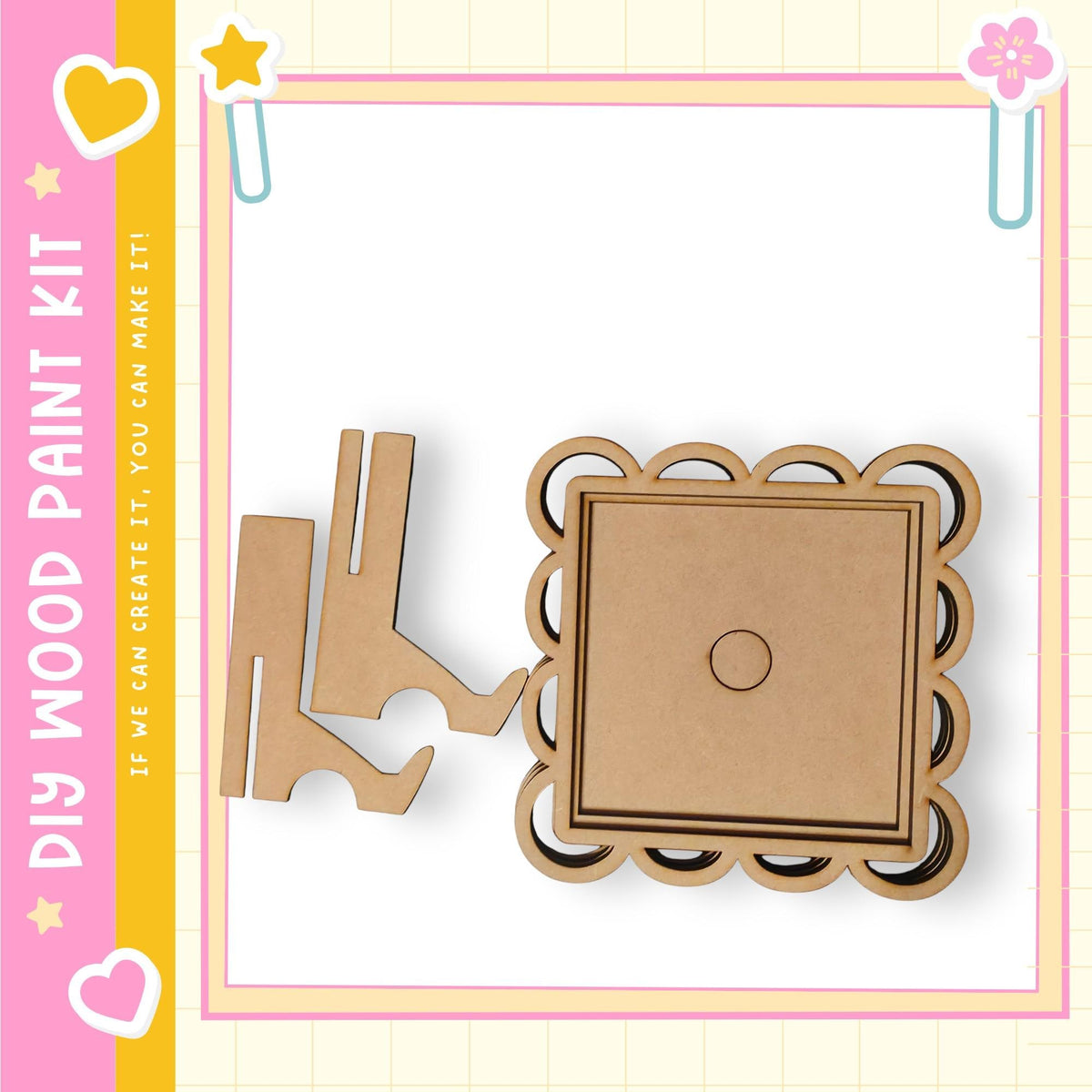 a DIY wood paint kit, including a wooden frame and a wooden piece, all set against a pink and yellow background with decorative elements.