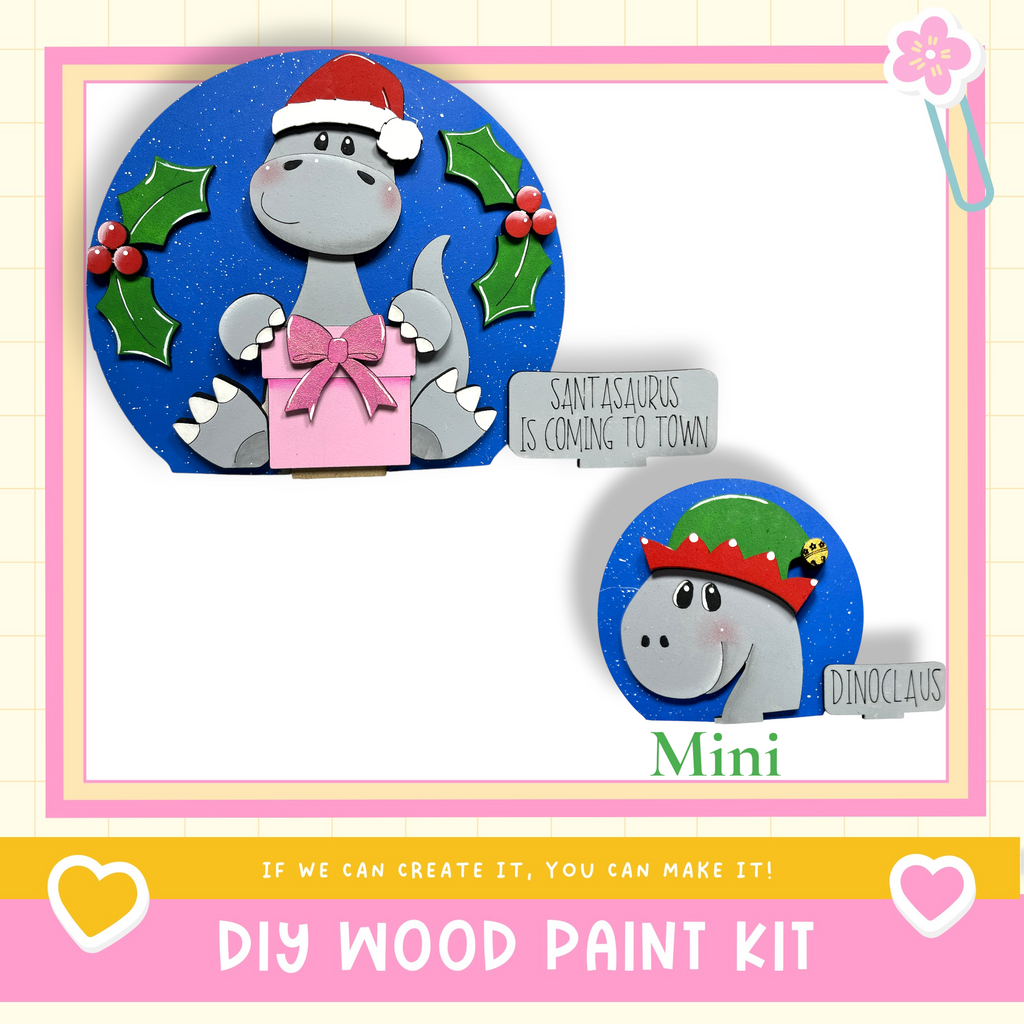 The image is a collage featuring a dinosaur wearing a Santa hat and holding a gift, with a smaller dinosaur wearing a Santa hat and a sign that says "Santa is coming to town". The collage also includes a DIY wood paint kit and a heart-shaped symbol.