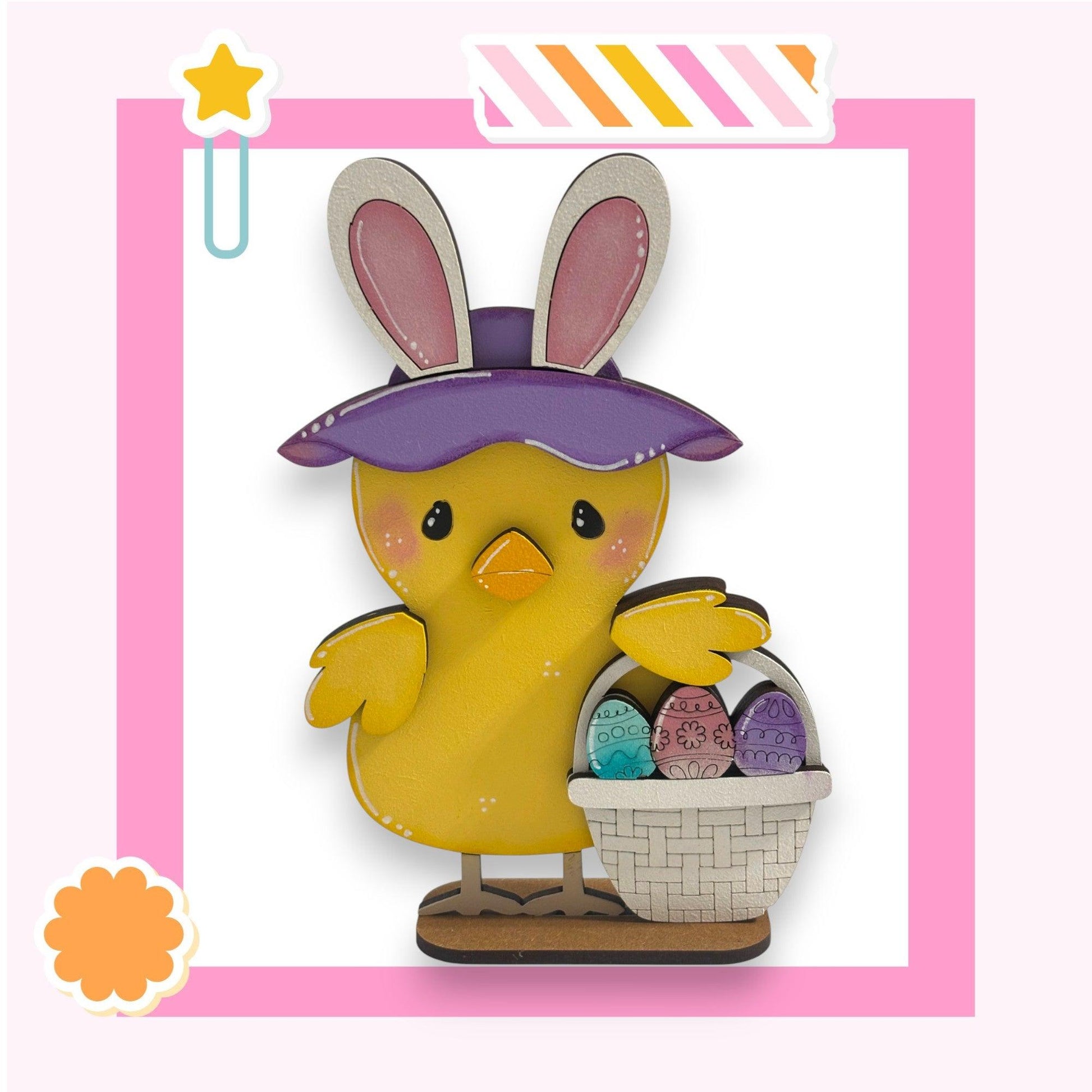 a picture of a chick with a basket of eggs
