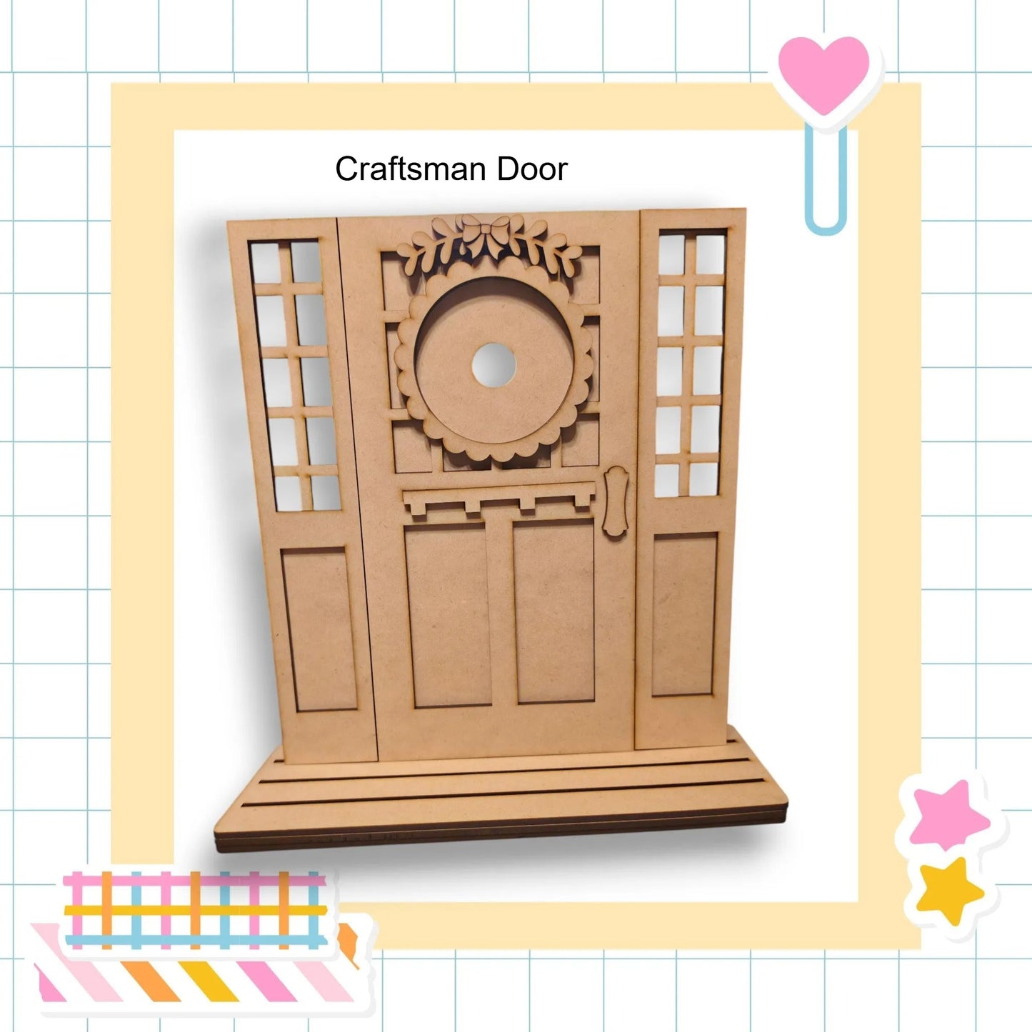 a wooden door with a decorative design, set within a frame with a heart and stars.