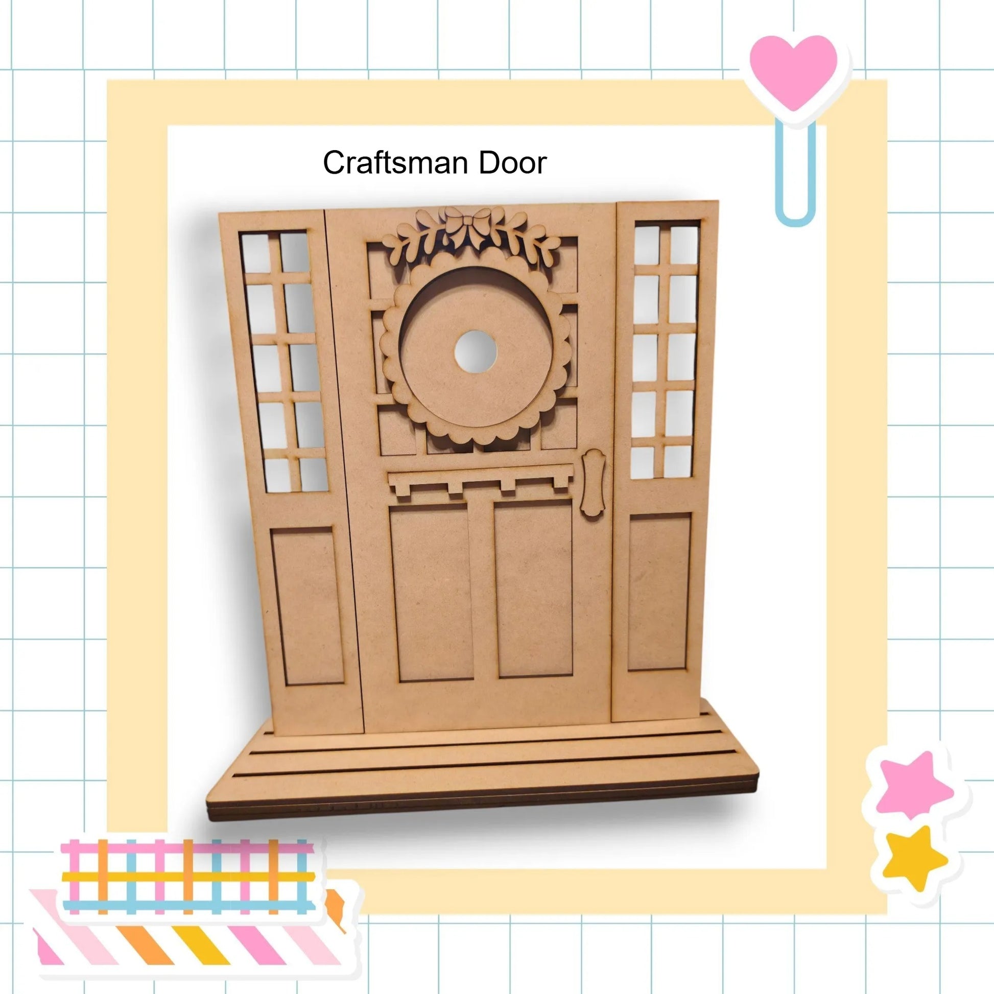 a wooden door with a decorative design, set within a frame with a heart and stars.