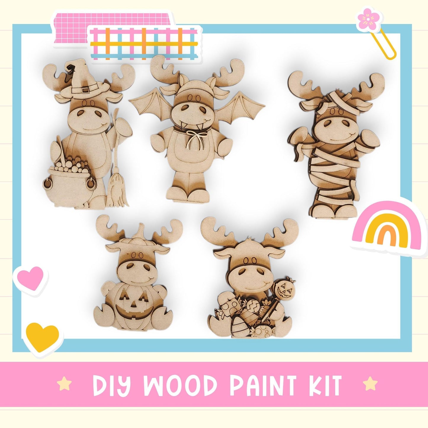 The image is a DIY wood paint kit featuring five wooden animal figurines, including moose, bats, and a pumpkin.