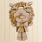 A wooden cutout of a reindeer wearing a wreath and a bow, set against a light-colored background.