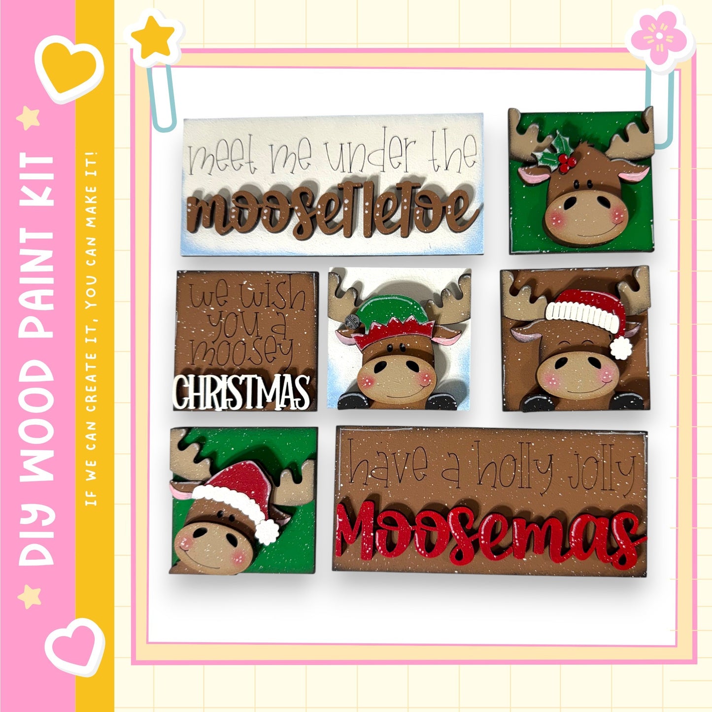 The image is a collage of six wooden Christmas-themed decorations, including moose heads and other festive elements. The decorations are arranged in a grid-like pattern, with each one featuring a different design and color scheme. The text on the decorations includes phrases like "Meet me under the moose", "We wish you a merry Christmas", and "Have a holly jolly Moosemas".