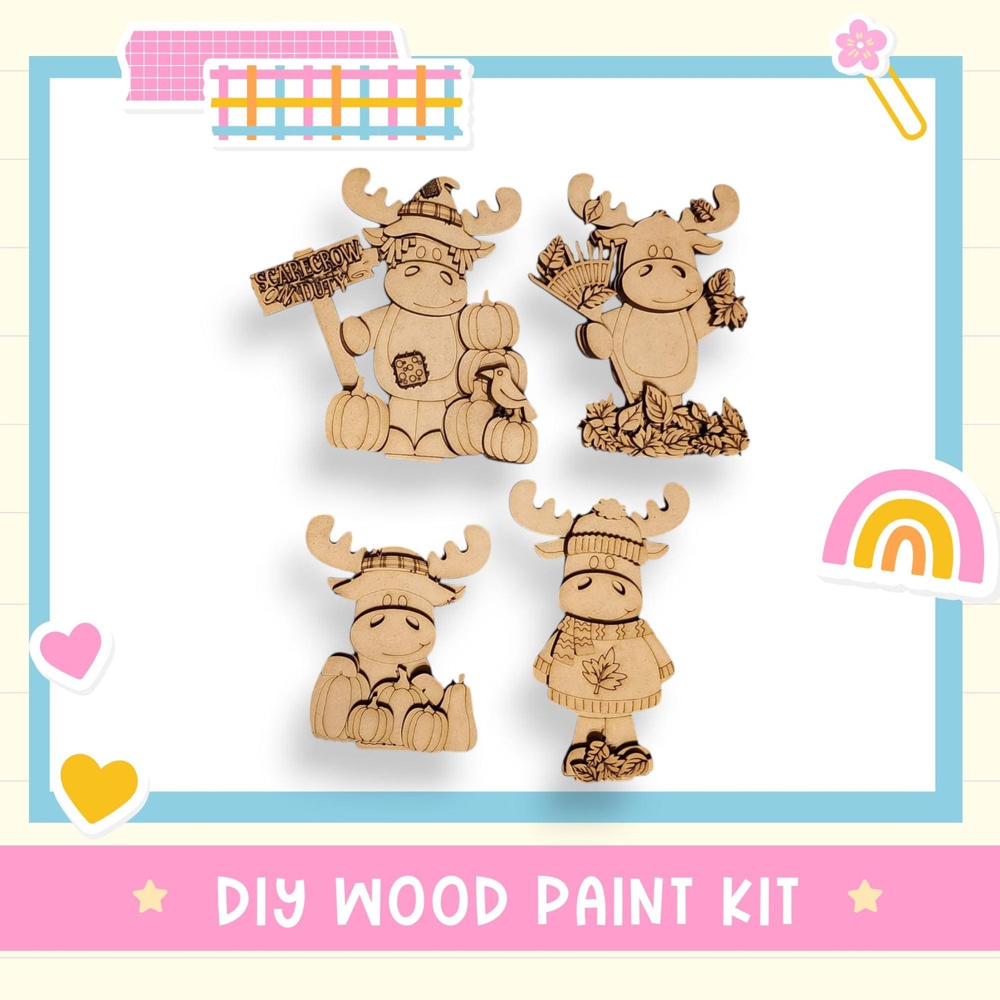 The image is a DIY wood paint kit featuring four wooden animal figurines, including moose and deer, with various accessories such as pumpkins and leaves.