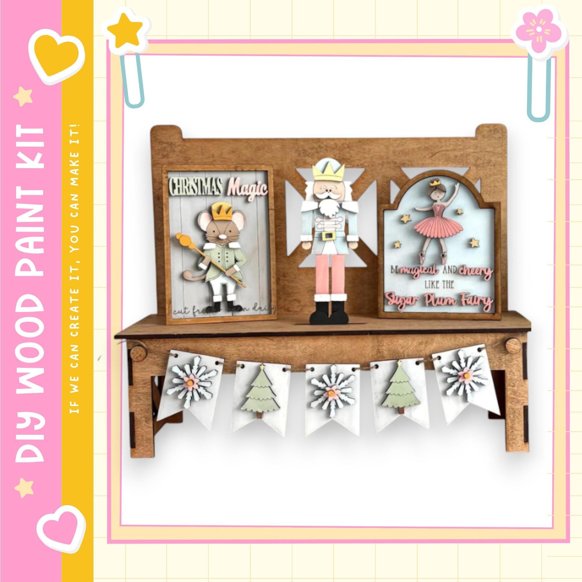 A wooden shelf with a nativity scene and a nutcracker figure on it, along with a banner of snowflakes and a small tree decoration.
