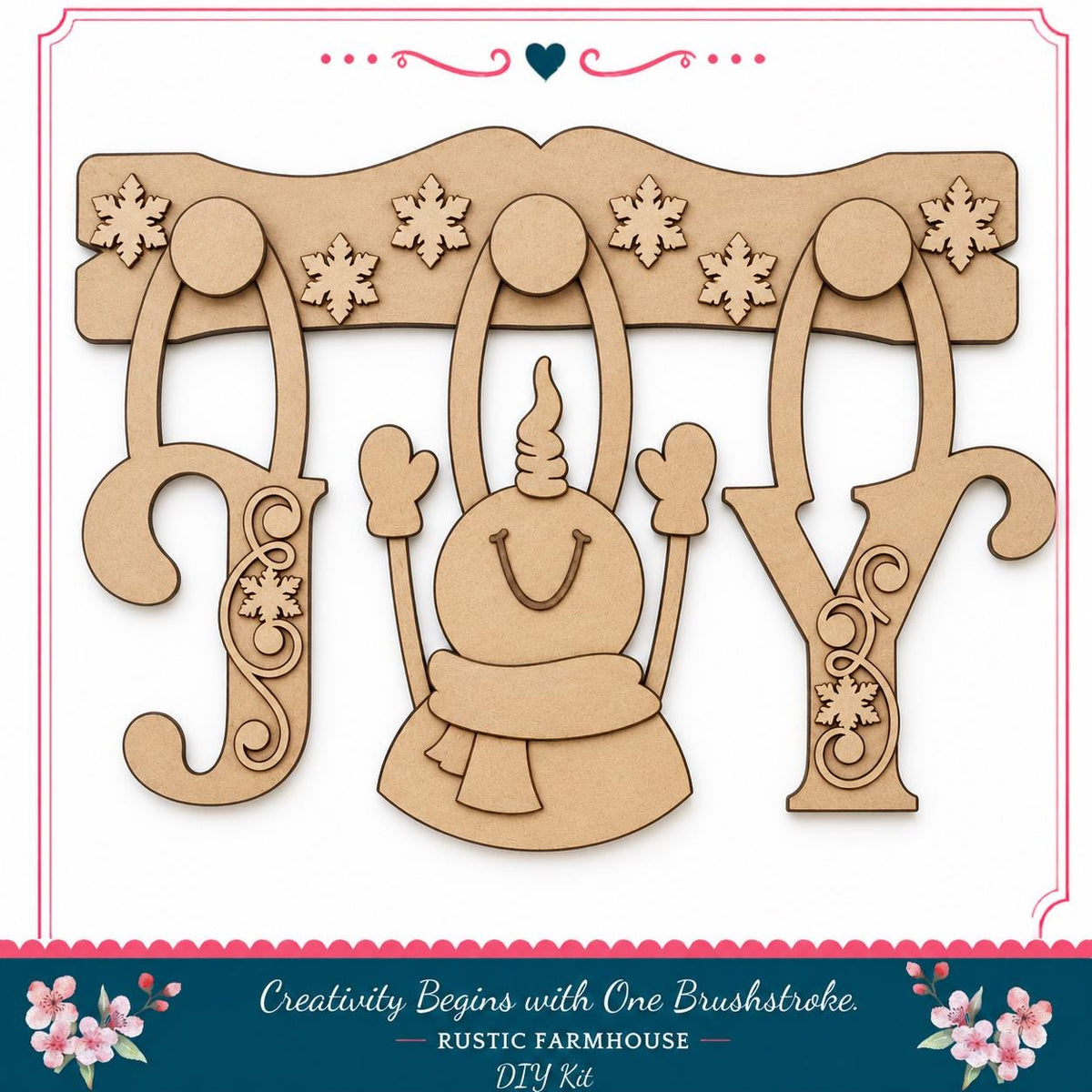 a wooden snowman with a scarf and hat, surrounded by snowflakes, as part of a DIY kit for creating a rustic farmhouse decoration.