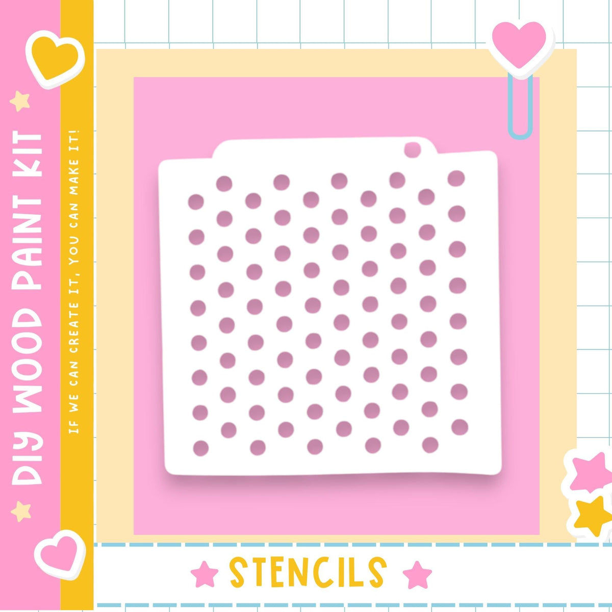 The image is a colorful and playful DIY paint kit featuring a white stencil with a pattern of pink dots on a pink background.