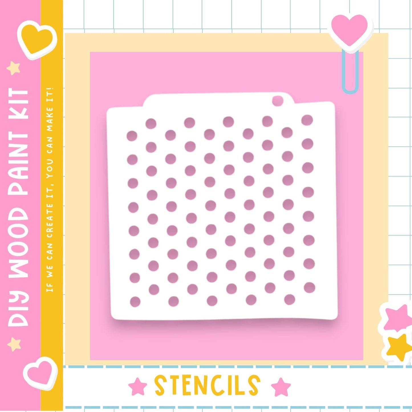 The image is a colorful and playful DIY paint kit featuring a white stencil with a pattern of pink dots on a pink background.