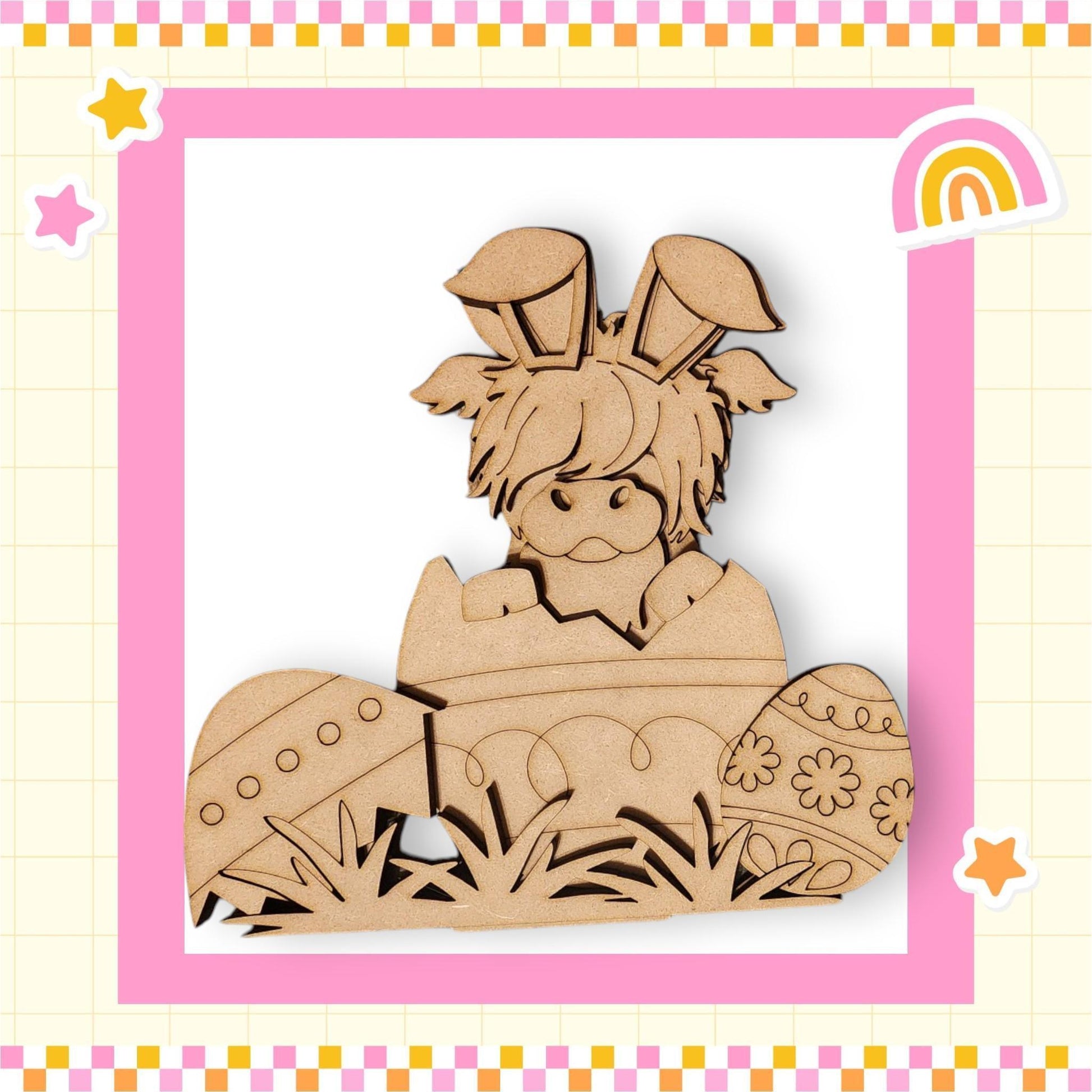 a wooden cutout of a dog sitting on the ground