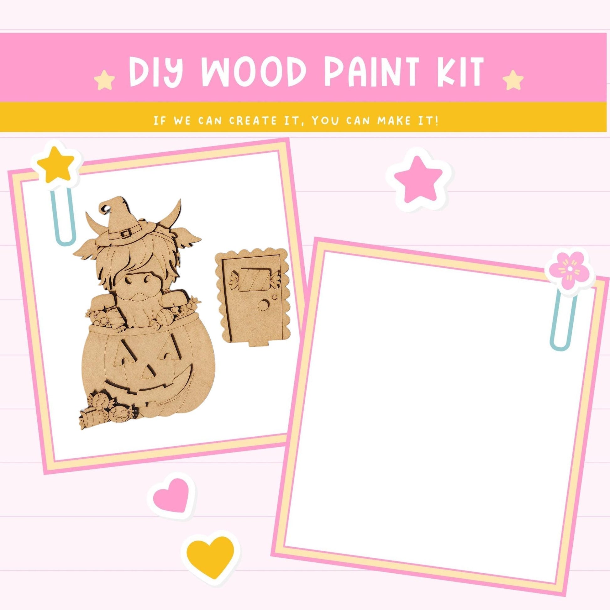 The image is a DIY wood paint kit featuring a Halloween-themed pumpkin and a star. The kit appears to be designed for children to create their own Halloween decorations.
