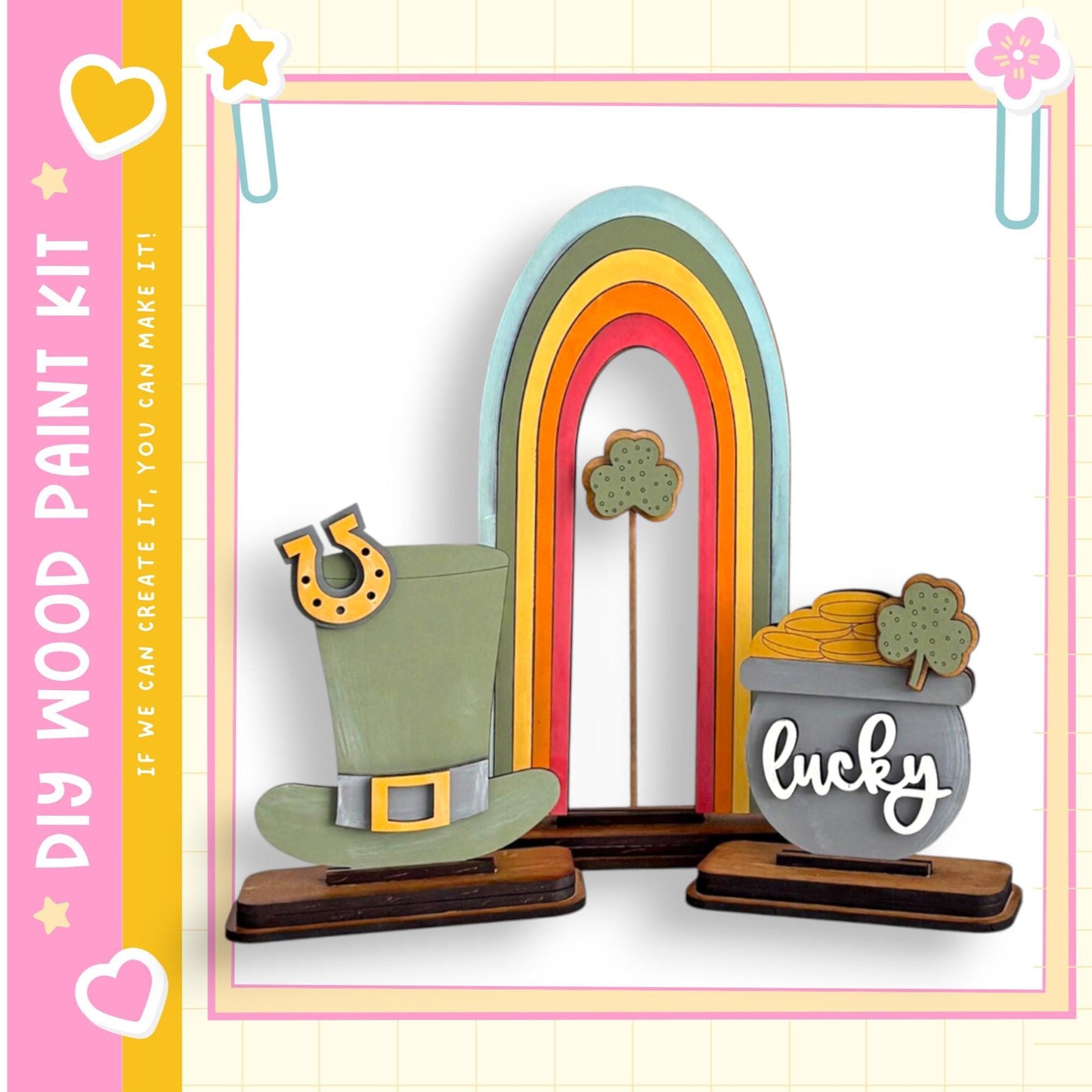 a colorful and whimsical display of various objects, including a rainbow arch, a pot of gold, and a pair of hats, all set against a pink and yellow background.