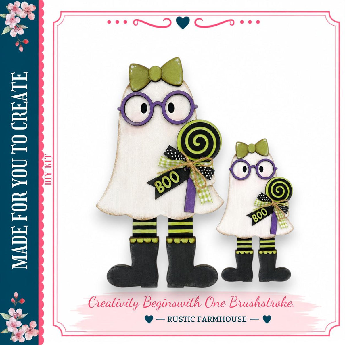 two whimsical, ghostly figures dressed in Halloween costumes, including purple glasses and green bows, holding lollipops. The caption below the image reads "Creativity Begins with One Brushstroke - Rustic Farmhouse".