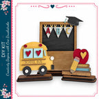 a school bus and a chalkboard with a graduation cap on top, along with various school-related items such as a heart, a pencil, and books.