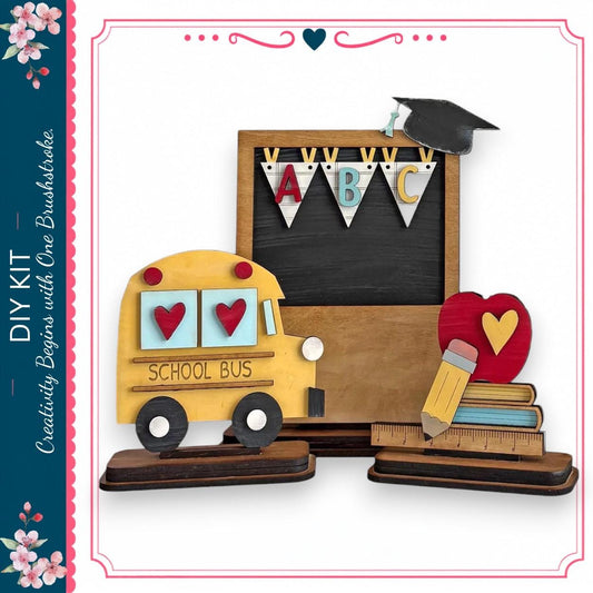 a school bus and a chalkboard with a graduation cap on top, along with various school-related items such as a heart, a pencil, and books.