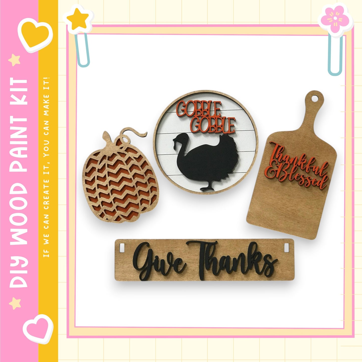 various Thanksgiving-themed items, including a carved pumpkin, a wooden sign, and a wooden cutting board.