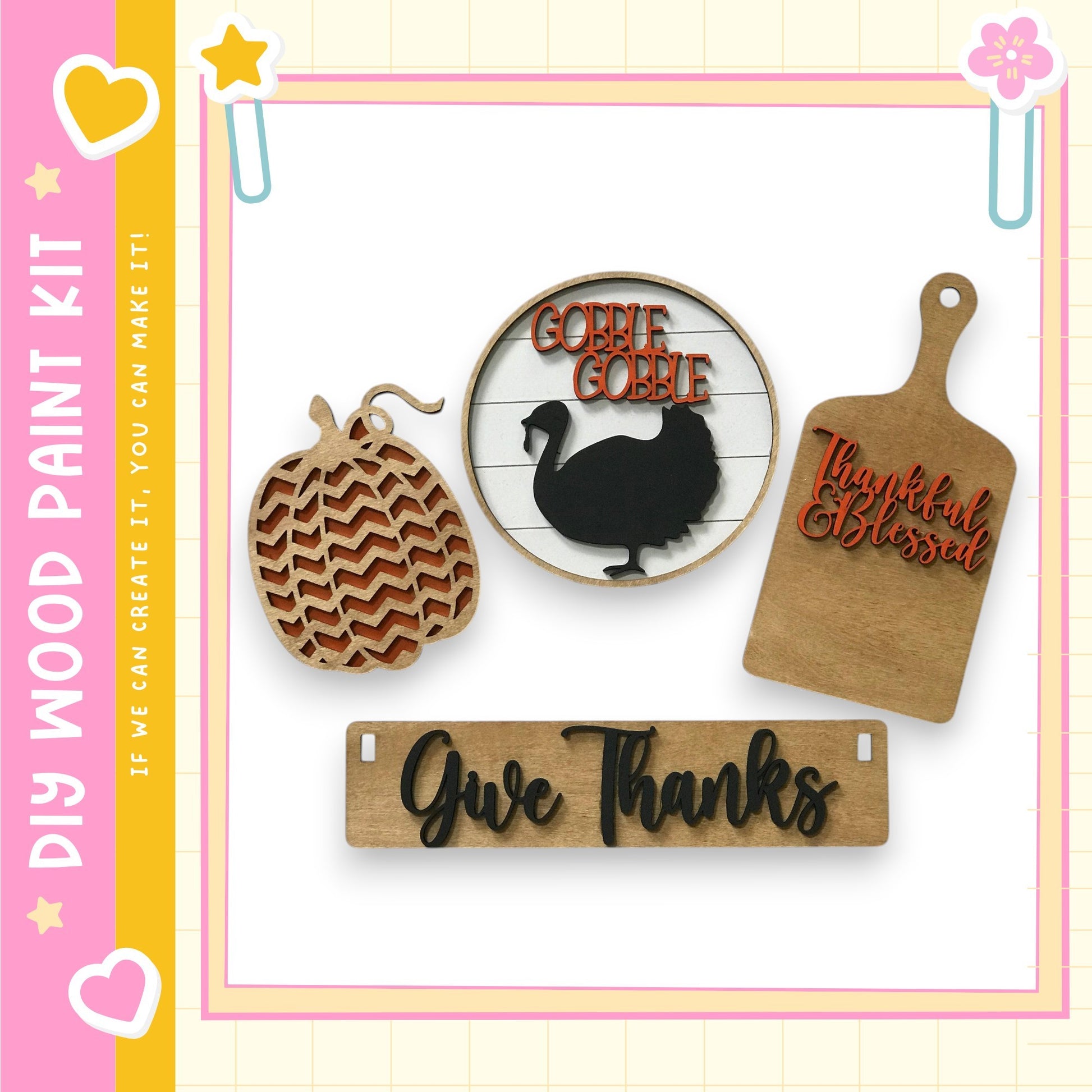 various Thanksgiving-themed items, including a carved pumpkin, a wooden sign, and a wooden cutting board.