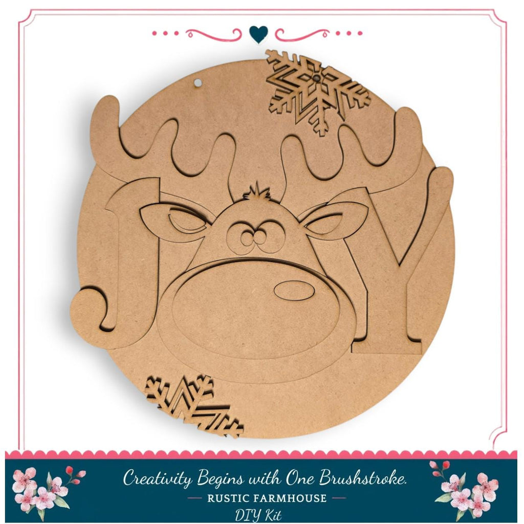 A wooden deer head with antlers and snowflakes, along with the text "Creativity Begins with One Brushstroke - Rustic Farmhouse - DIY Kit".