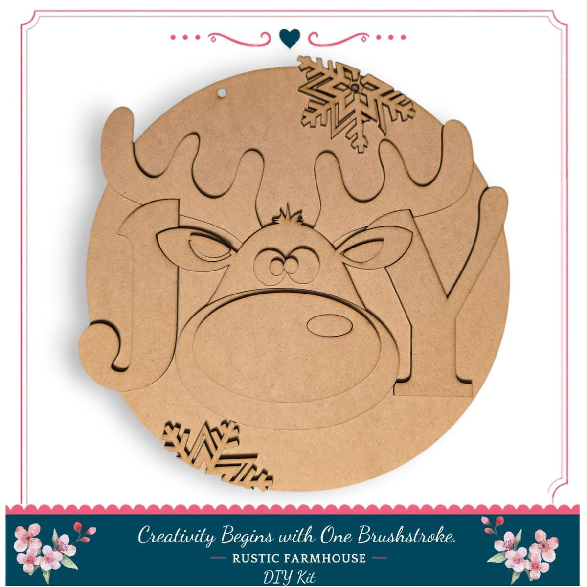 A wooden deer head with antlers and snowflakes, along with the text "Creativity Begins with One Brushstroke - Rustic Farmhouse - DIY Kit".