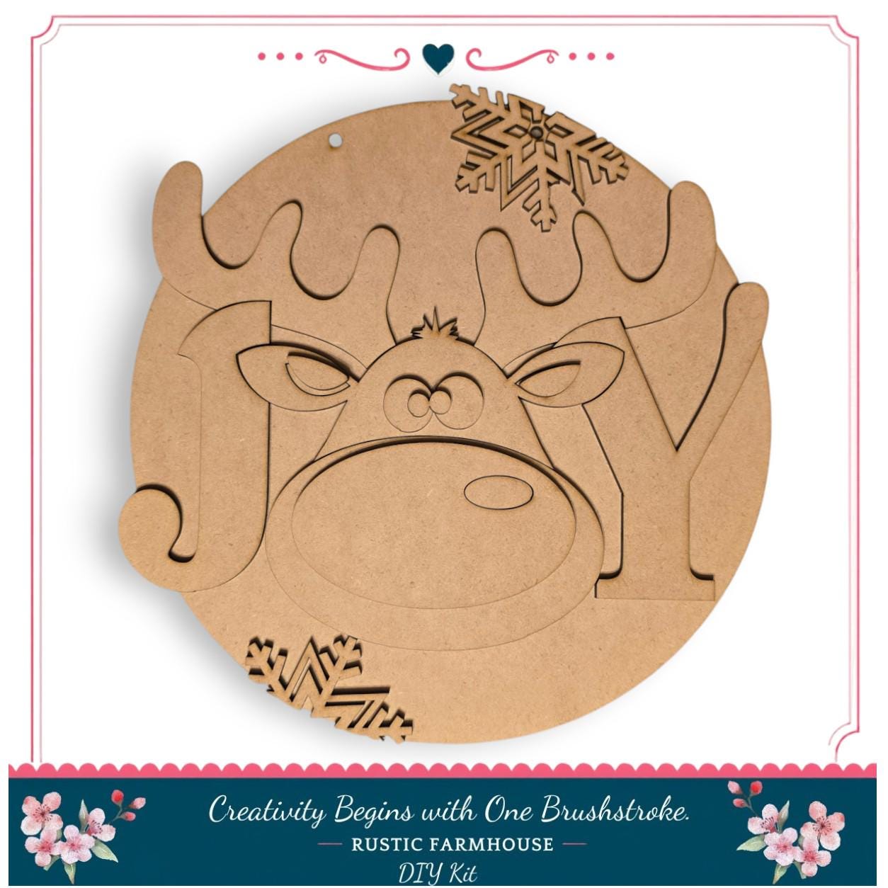 A wooden deer head with antlers and snowflakes, along with the text "Creativity Begins with One Brushstroke - Rustic Farmhouse - DIY Kit".