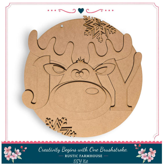 A wooden deer head with antlers and snowflakes, along with the text "Creativity Begins with One Brushstroke - Rustic Farmhouse - DIY Kit".
