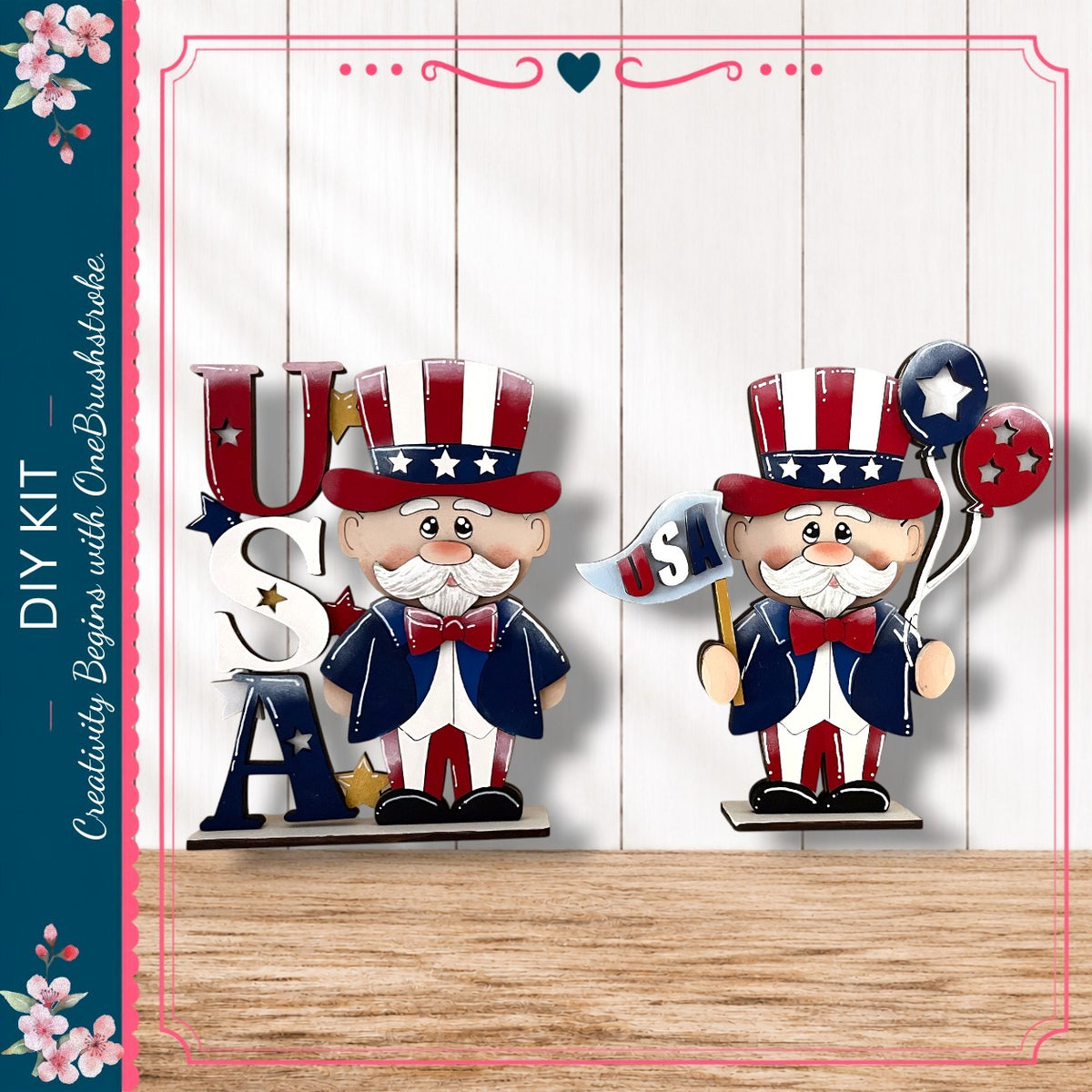 two wooden figures dressed in patriotic attire, including hats and waving flags, set against a wooden background.