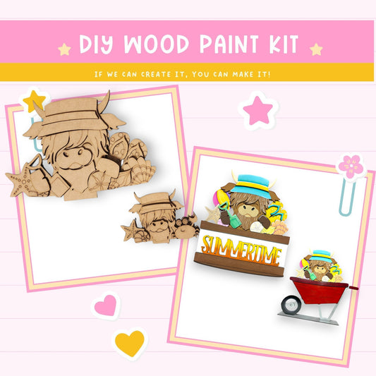 The image is a collage featuring a DIY wood paint kit with various cartoon-style illustrations, including a character wearing a hat and a wagon.
