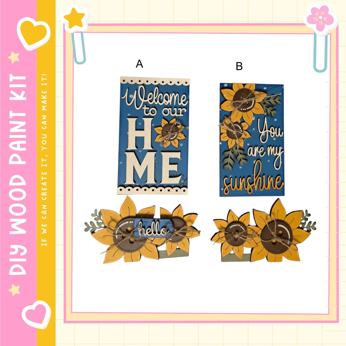 two wooden signs with floral designs and welcoming messages. The signs are placed against a white background, and the text on the signs reads "Welcome to our home" and "You are my sunshine".