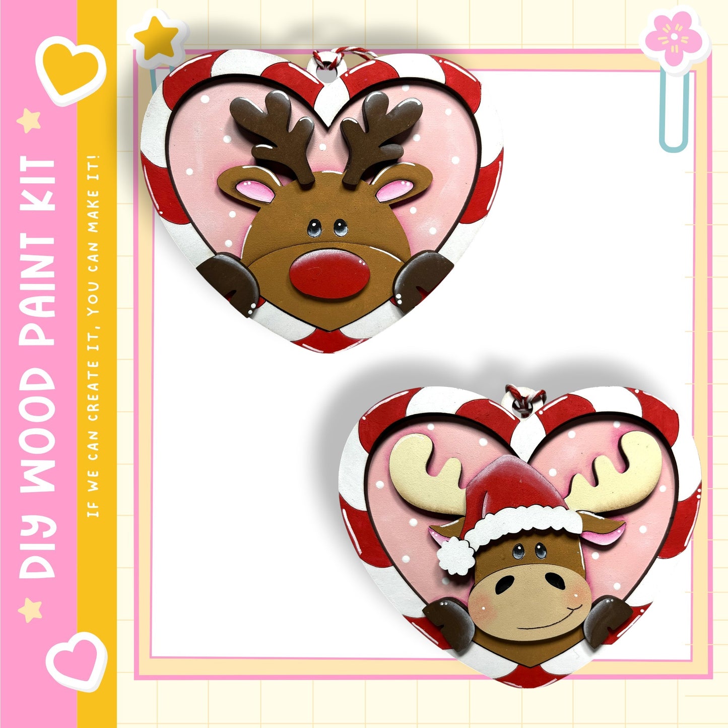 two heart-shaped ornaments, one with a reindeer and the other with a moose, both wearing Santa hats.