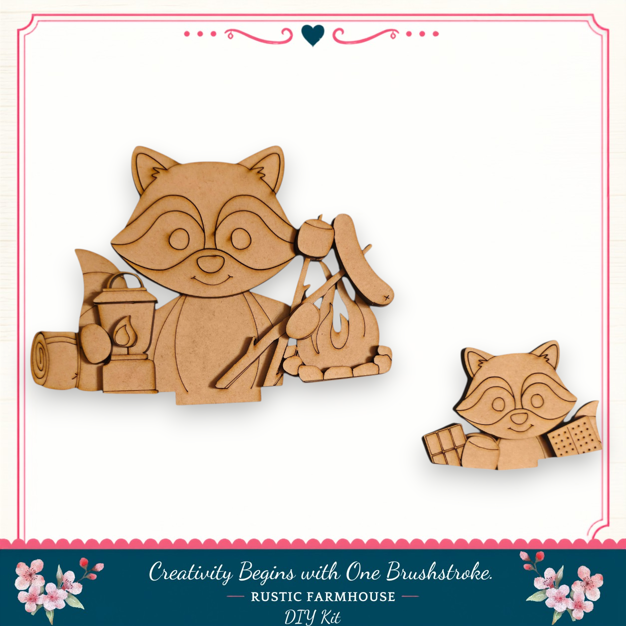 two wooden raccoon cutouts, one larger and one smaller, set against a white background. The larger raccoon is holding a lantern and a fire, while the smaller raccoon is holding a basket. The image is described as a DIY kit for creativity, with the caption "Creativity Begins with One Brushstroke. Rustic Farmhouse - DIY Kit" and the text "RUSTIC FARMHOUSE - DIY KIT" at the bottom.