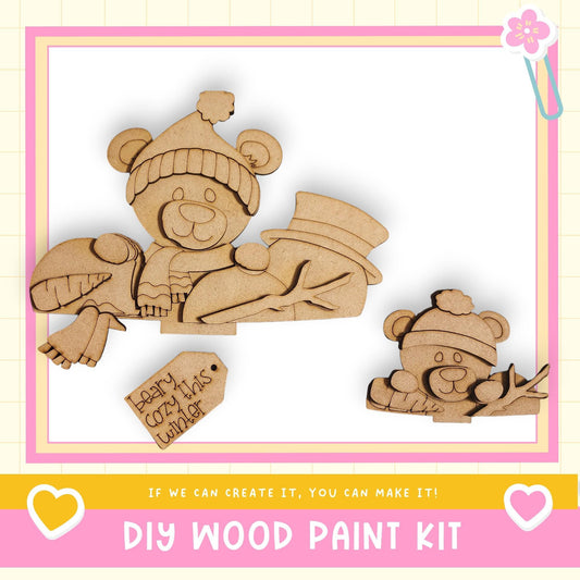 a DIY wood paint kit with a wooden bear and a wooden snowman, along with a tag that says "Beary this winter".