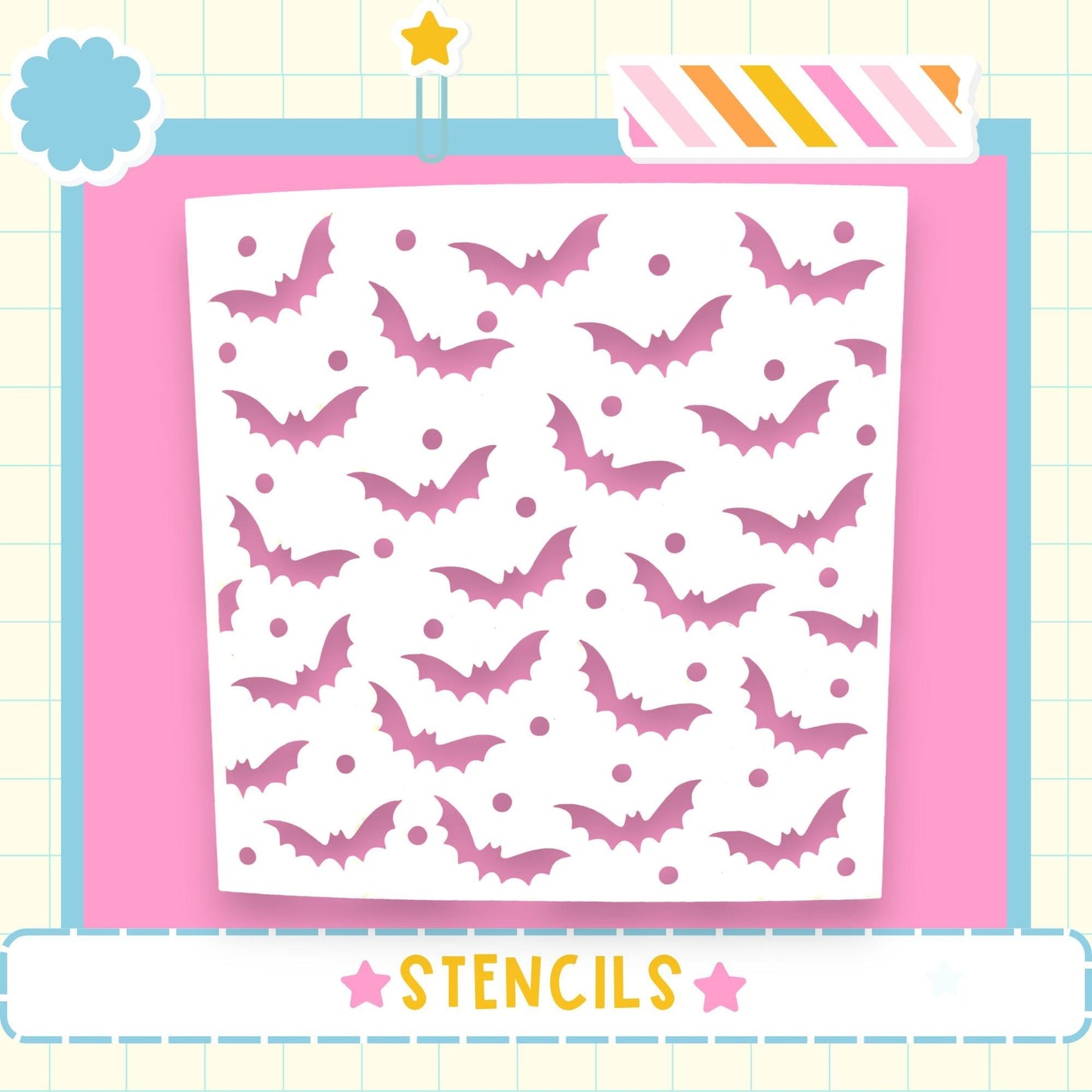 a pattern of bats on a white background, with the word "STENCILS" written below it.