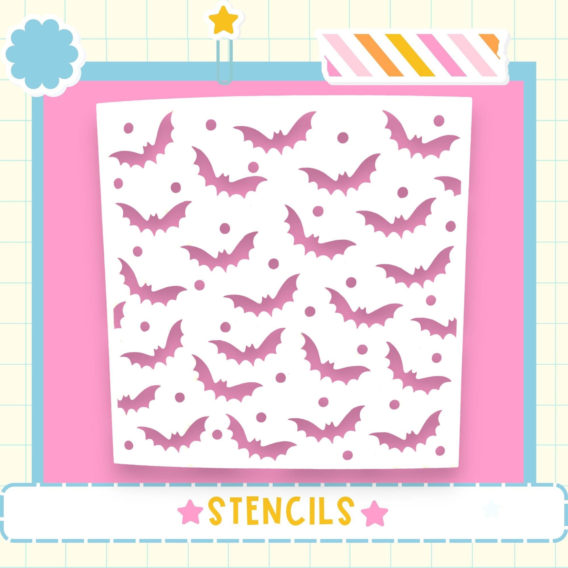 a pattern of bats on a white background, with the word "STENCILS" written below it.