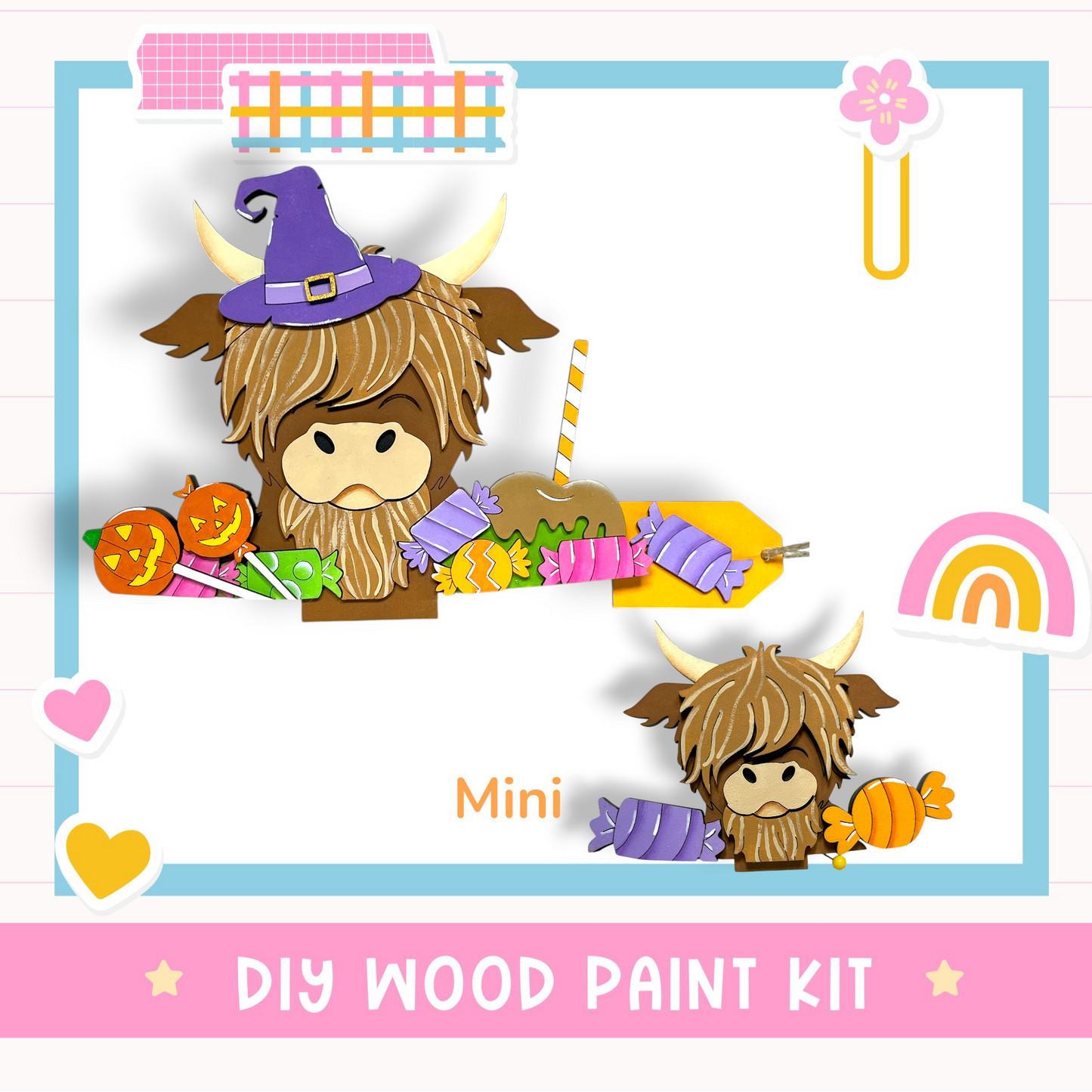 The image is a colorful and whimsical illustration featuring a large brown cow wearing a witch's hat, surrounded by various Halloween-themed items such as pumpkins, candy, and a rainbow.