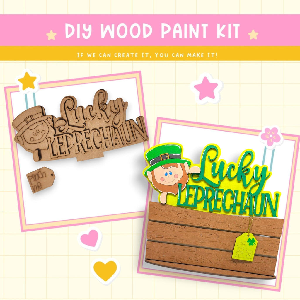 a picture of a wooden sign and a picture of a leprechaun