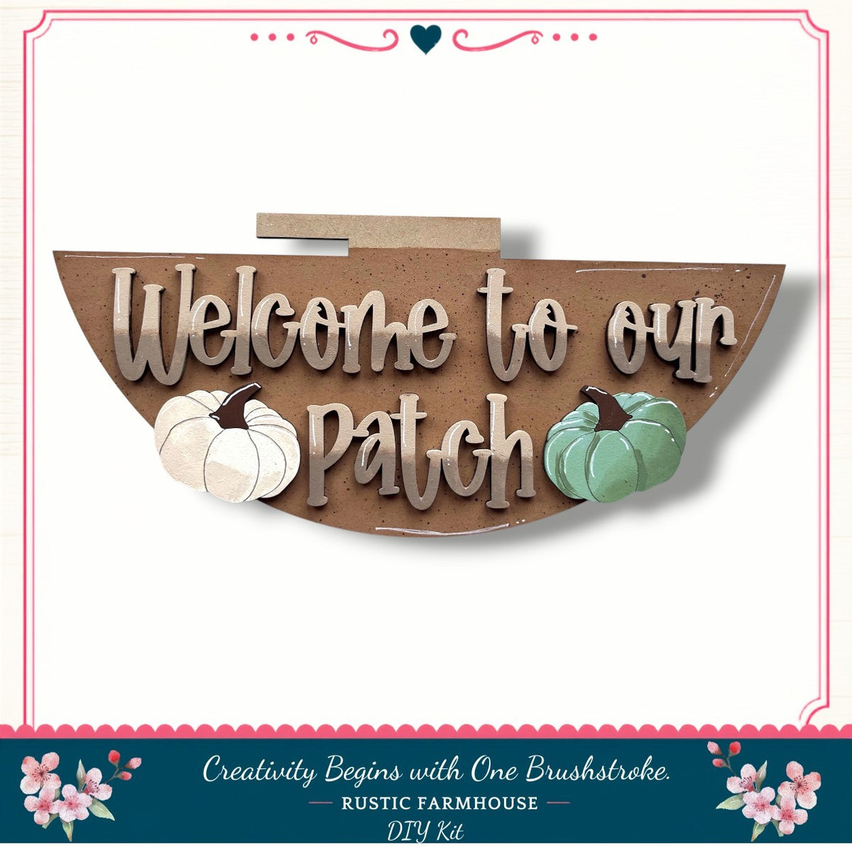 a wooden sign with the text "Welcome to our Patch" and two pumpkins, one white and one green, against a white background.