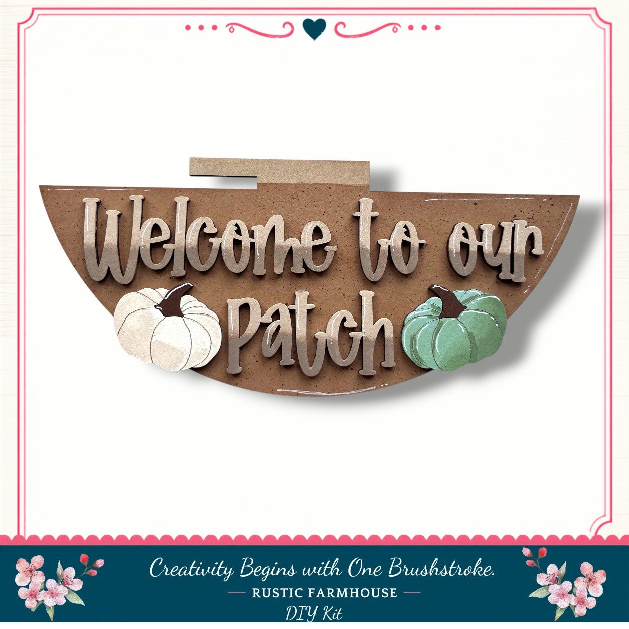 a wooden sign with the text "Welcome to our Patch" and two pumpkins, one white and one green, against a white background.