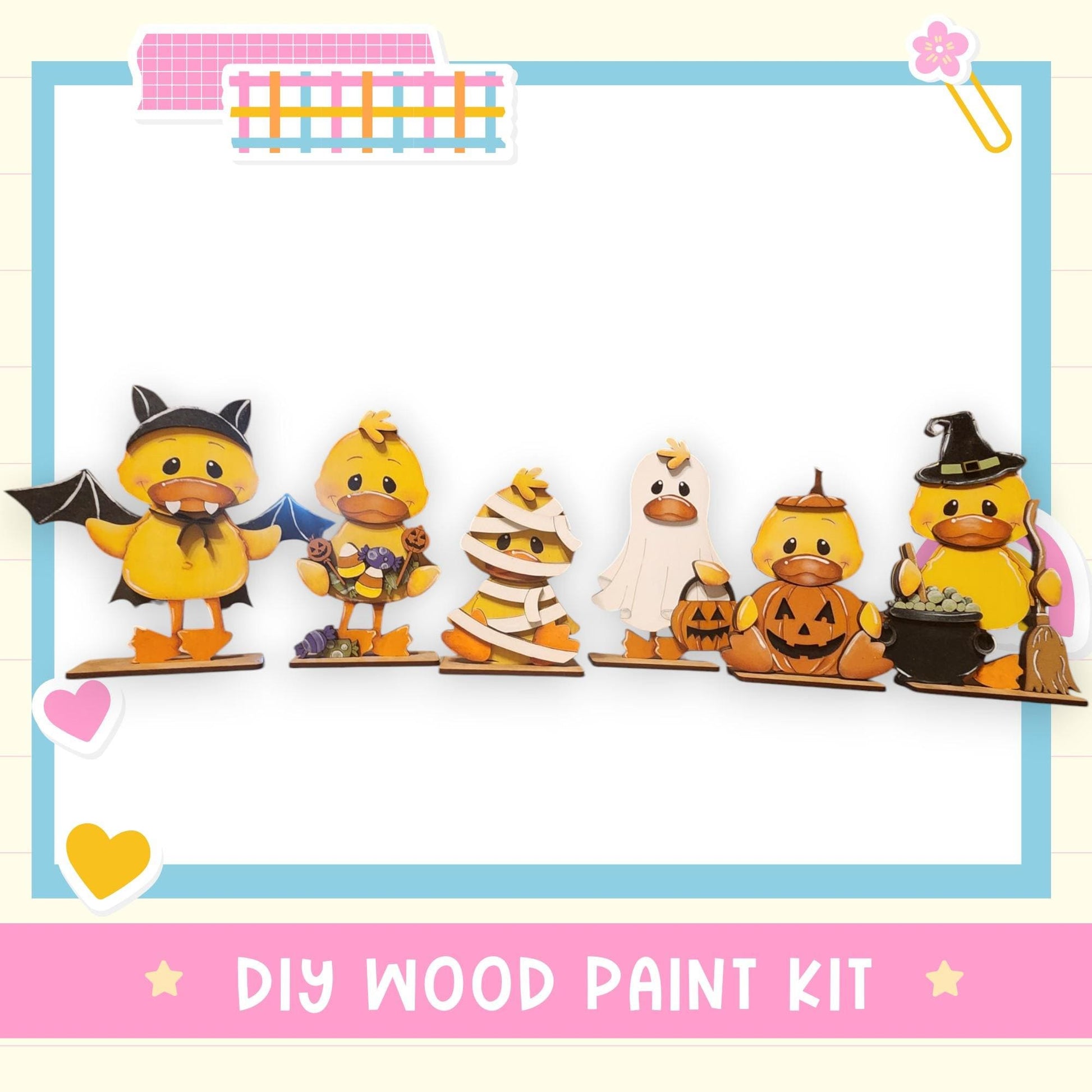 a picture of a group of wooden halloween figurines