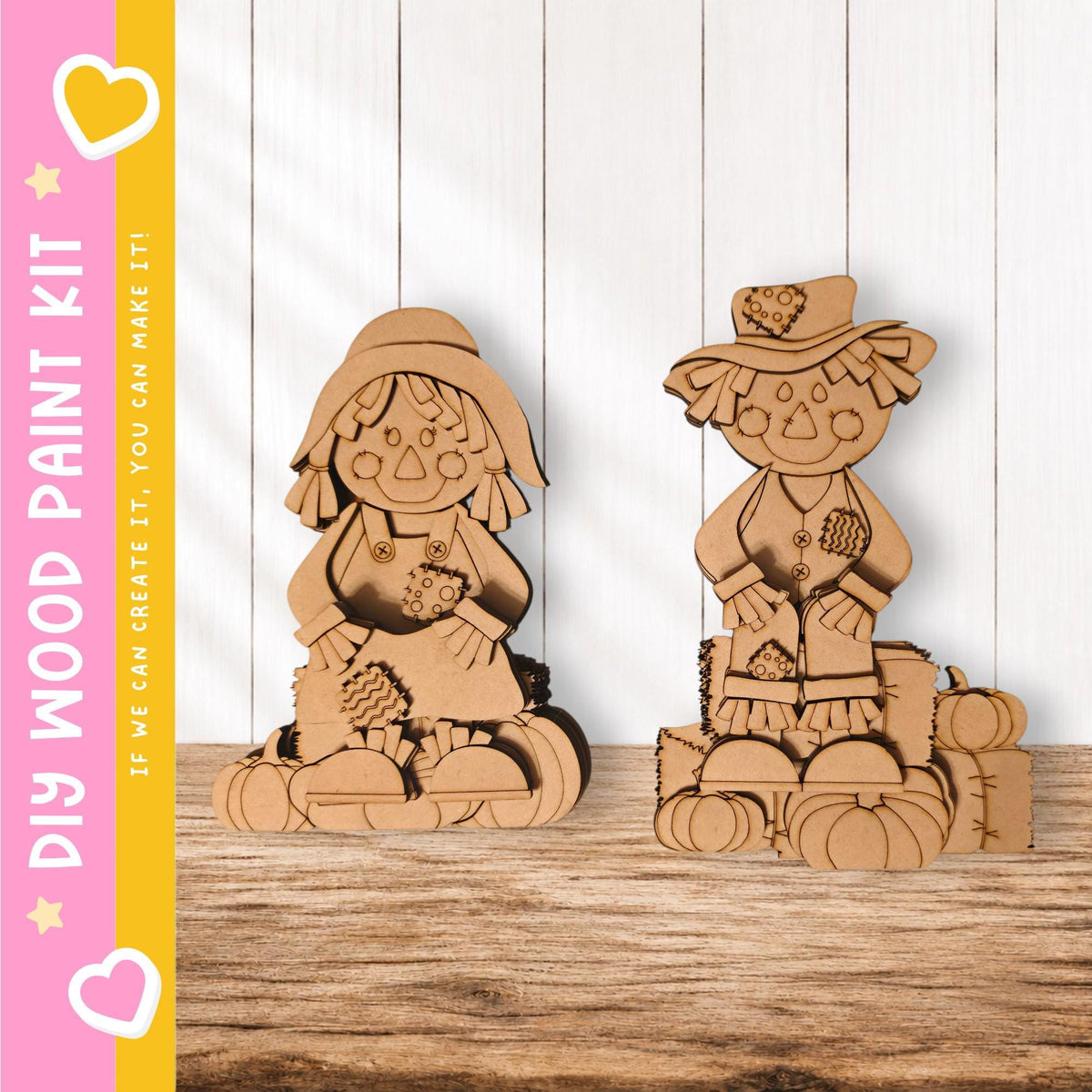 two wooden figurines, one standing and one sitting, placed on a wooden surface against a white background.