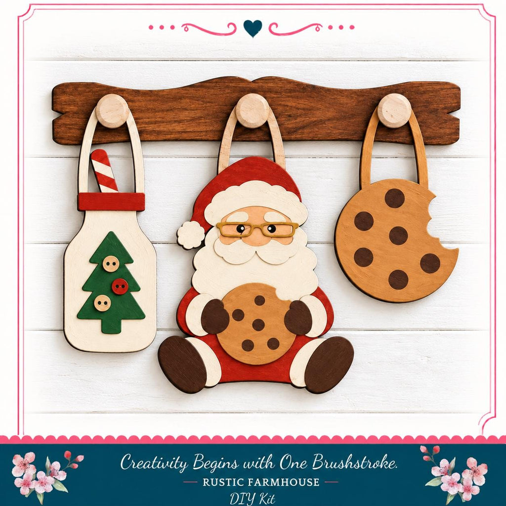 A DIY kit for creating a rustic farmhouse-style decoration featuring a wooden Santa Claus figure holding a cookie, a Christmas tree, and a cookie with a bite taken out of it.