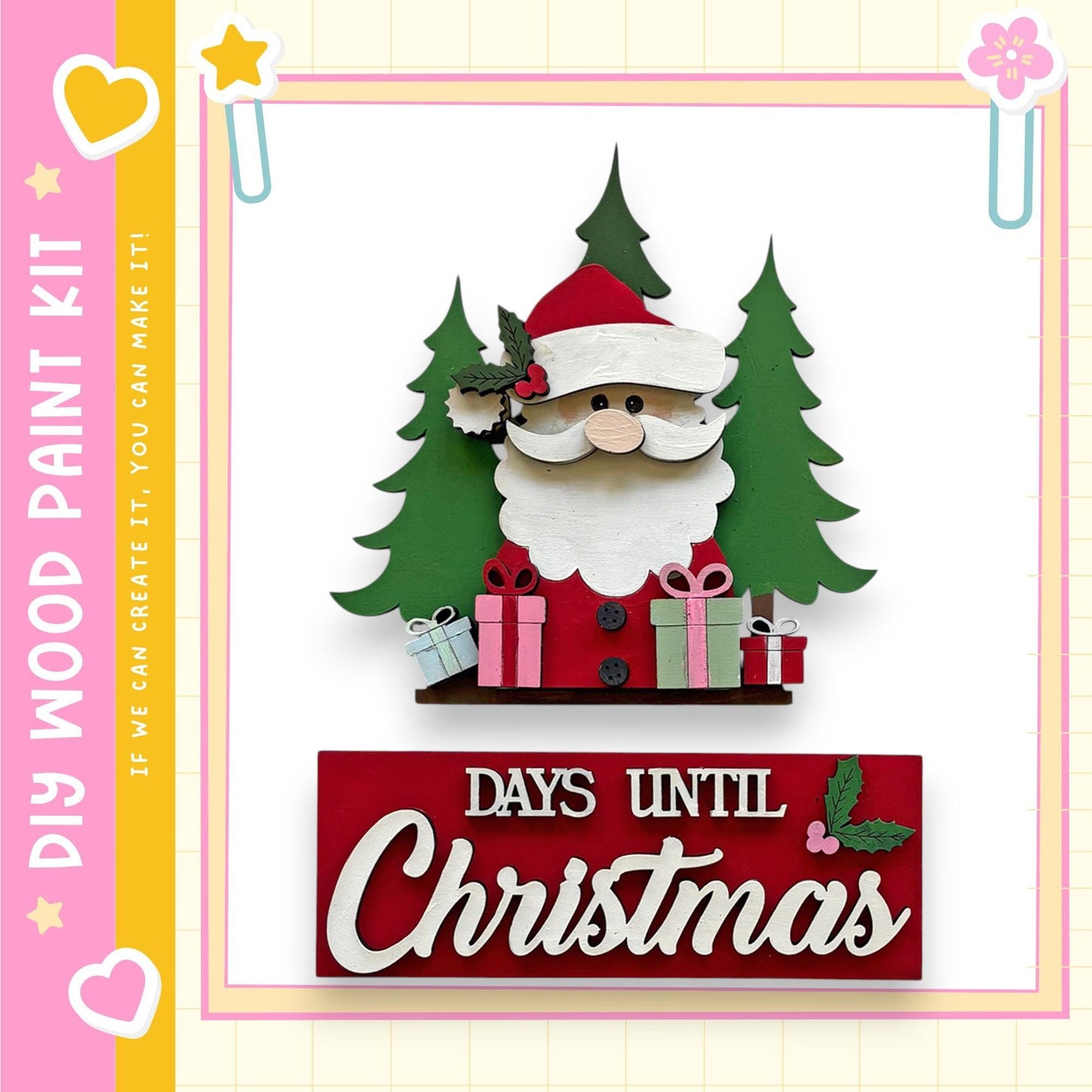 The image is a festive Christmas-themed collage featuring a wooden Santa Claus figure surrounded by Christmas trees and gifts. The collage includes a sign that reads "DAYS UNTIL CHRISTMAS" and a pink and yellow border.