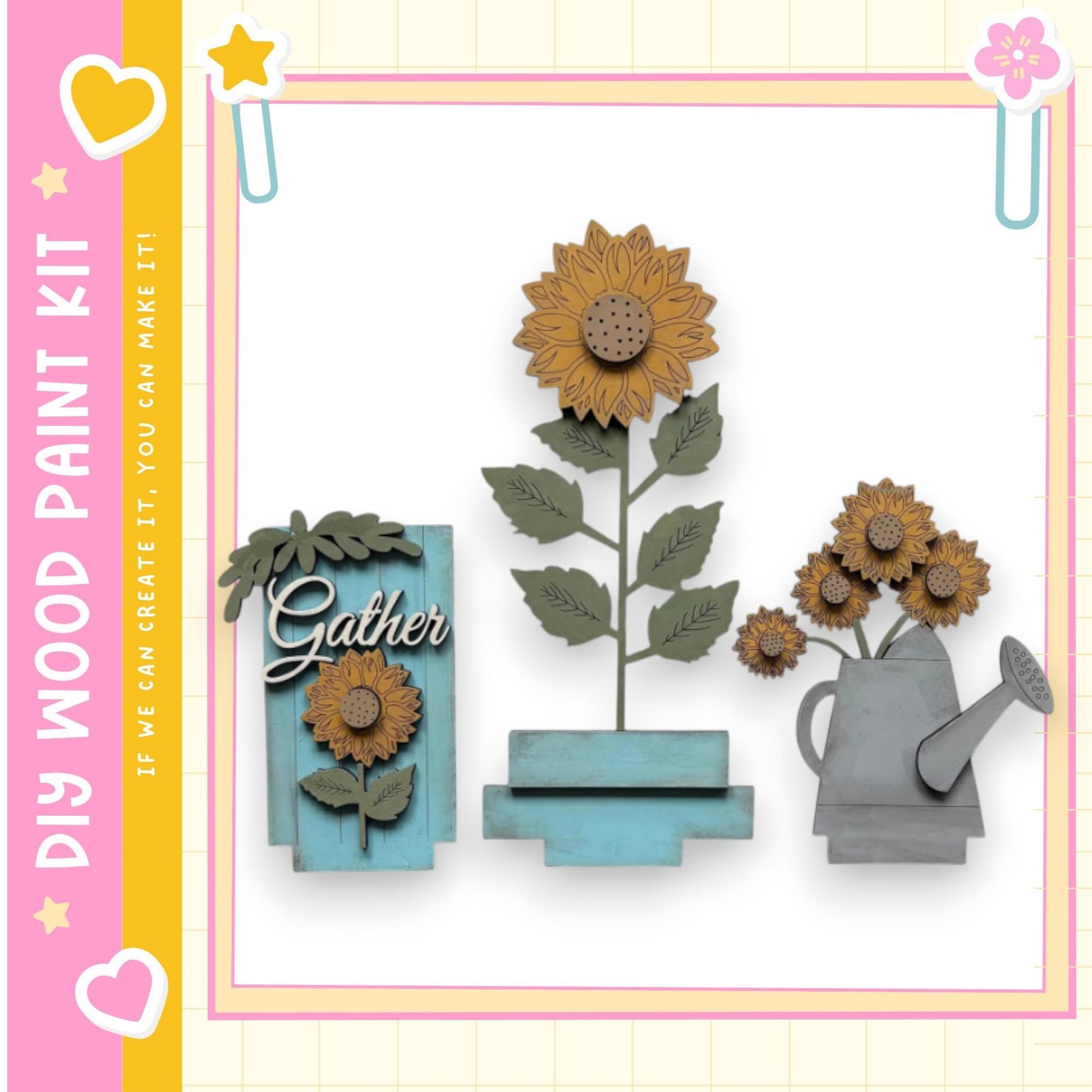 a wooden paint kit with various wooden elements, including a sunflower, a watering can, and a blue vase.