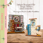 a collection of decorative door bases and inserts, including a wooden door with a "Jolly" sign, a wooden door with a "Goose" sign, and a wooden door with a "Merry Christmas" sign. The text on the image suggests that these items are "Interchangeable Door Bases and Inserts" and that customers can choose their base and endless possibilities.