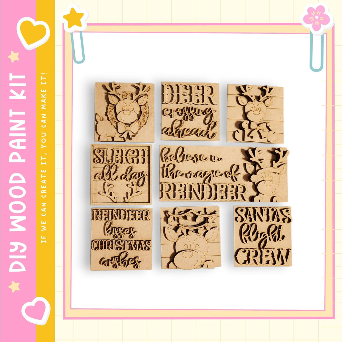 a collection of six wooden cutouts, each with a unique design and text, arranged in a grid pattern.