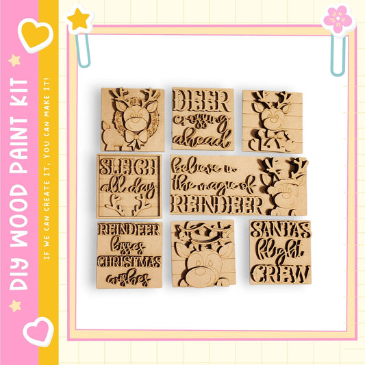 a collection of six wooden cutouts, each with a unique design and text, arranged in a grid pattern.